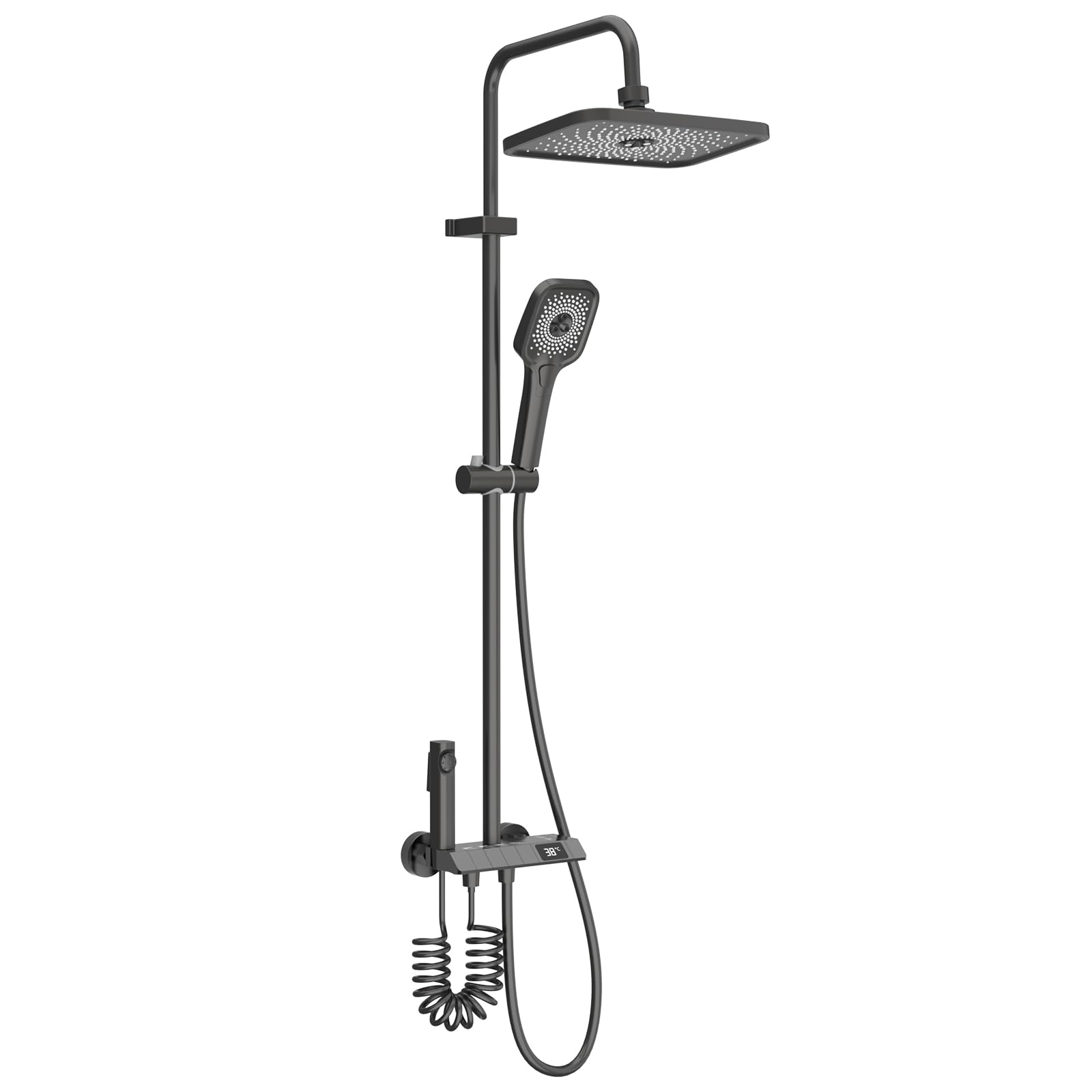 Thermostatic Shower Mixer Set with LED Digital Temperature Display β Rain Shower Head 29 x 19.6cm, Handheld Faucet & Additional Nozzle, 4βMode MultiβFunction Shower System for Modern Bathrooms - Grey