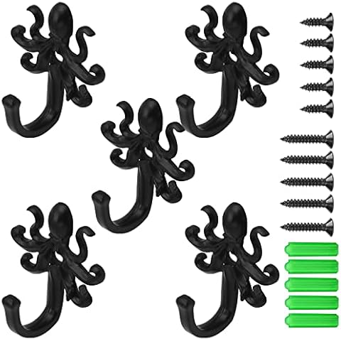 Wall Storage Hooks - Octopus Decorative Wall Mounted Coat Hooks for Hanging Coats, Scarves, Bags, Purses, Backpacks, Towels Indoor and Outdoor Hooks (Black 5 Pack) Cover