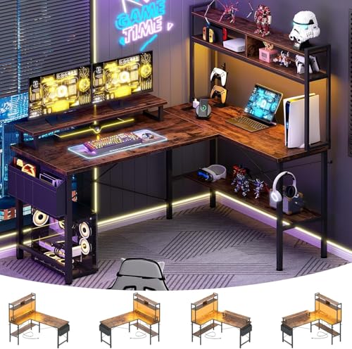 Bureau en L avec LED et prises intégrées table de jeu marron - 8