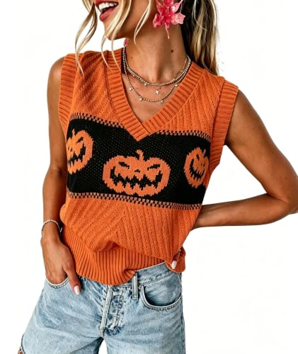 Image of MARZXIN Women Sleeveless Sweater V Neck Casual 2026 Fall Knitted Chevron V Neck Sweater Vest Color Block Pullover Sweater Top