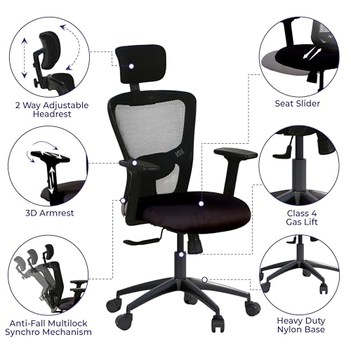 Image of Wakefit Albus Ergonomic Office Chair for Work | 3 Year Warranty | Multi-Lock Seat Slider and Recline | Soft Armrest with 3D Adjustability| Strong Nylon Base | 8+ Hours of Comfort | Black