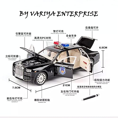 Image of 1 /24 Diecast Car Model Rolls-Royce Phantom Police Toy Car, Alloy Collectible Phantom Replica Pull Back Model Car Vehicles with Sound and Light (Black)