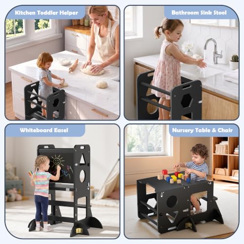 Image of Toddler Standing Tower Anti-Tip Wooden Kitchen Step Stool，Black