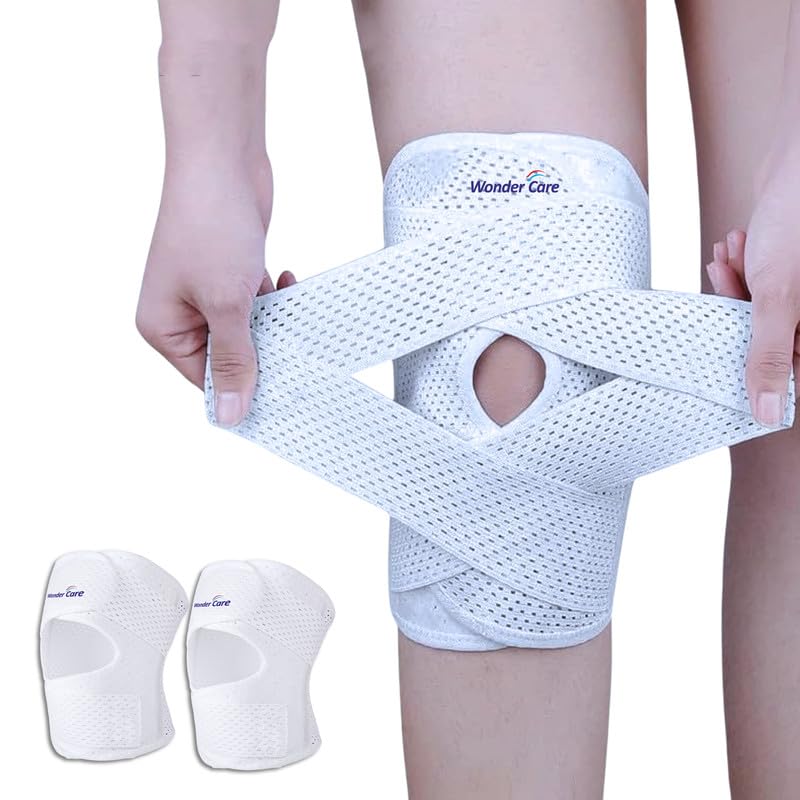 Image of Wonder Care Adjustable Wrap Knee Support Brace, Air Mesh Fabric Knee Brace Cap for Pain Relief, Sports, Arthritis, Running Protection Men Women [White] (2, M)