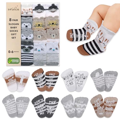 Image of infancie Organic Cotton Baby Socks with Gripper 0-6 | Safe Walking Non-Slip Sole | Stay-In-Place Ribbed Cuffs Unisex (US, Age, 0 Months, 6 Months, Grey & Brown - 8 Pairs)