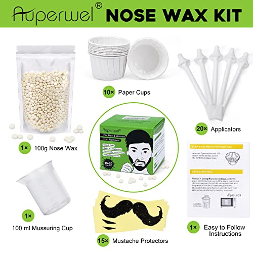 Auperwel Nose Wax Kit, 100G Nose Wax, 20 Applicators, Nostril Waxing Kit For Men And Women Painless Hair Removal With 15 Mustache Guards, And 10 Paper Cups, Nose Ear Wax Kit With 15-20 Uses - White #TOP2