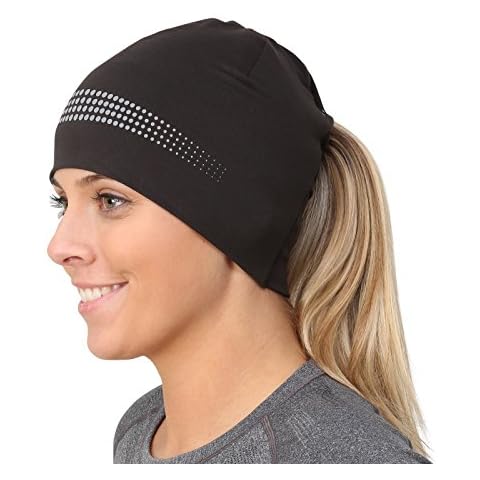 TrailHeads Ponytail Hat - Adrenaline Series | Women’s Running Beanie with Reflective Accents | Black Skull Cap - Black/Reflective Cover