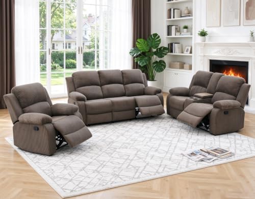 Bicerkib Fabric Recliner Sofa Set for Living Room Furniture Sets, Brown Corduroy Manual Reclining Living Room Couch Set 3 Pieces for Home Furniture/Theater Seating/Rv Car/Curbside Only(3+2+1)