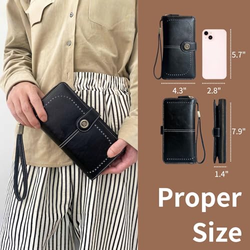 Womens Wallet Leather Wristlet Wallets For Women Phone Clutch Large Capacity Long Billfolds Bifold Zipper Purse Credit Card Wallet For Ladies (Black)3