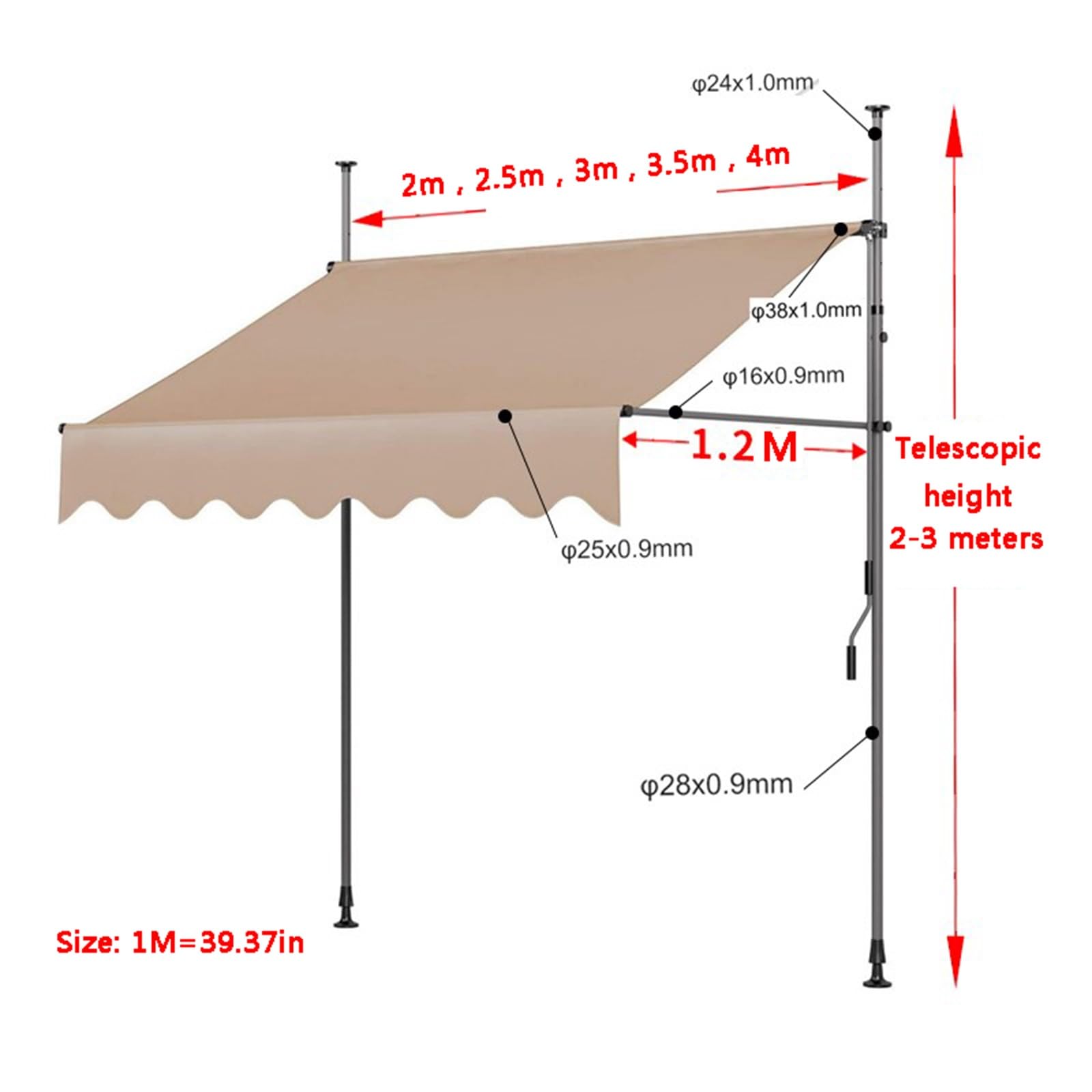Tenda da giardino retrattile, baldacchino manuale autoportante con manovella, senza trapano, parasole per esterni per una facile installazione e protezione solare durevole