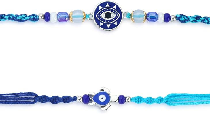 Rakhi Set of 2 Rakhi for Brother with Raksha Bandhan Greeting Card | Roli Chawal Tika - Raksha Bandhan Evil Eye Rakhi for Brother & Bhabhi | Rakhi for Bhaiya | Turtle Rakhi for Brothers