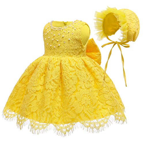 Toddler Baby Girls Lace Christing Pageant Birthday Party Baptismal Dress,Beads-Yellow,18M-24M