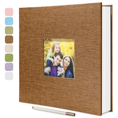 HoneyTolly Large Photo Album Self Adhesive, DIY Scrapbook Album for 3x5 4x6 8x10 Pictures, 60 Pages brown Linen Cover Memory Book, Ideal Gift for Family Wedding Baby Christmas Anniversary