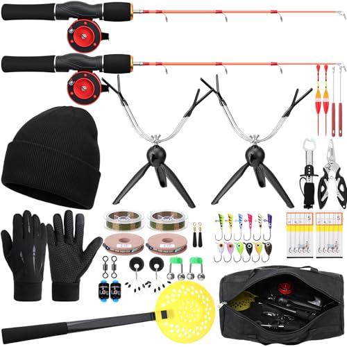 Teyva Daily Ice Fishing Rod and Reel Combos 2 Pcs Ice Fishing Rod with Carrier Bag, Pliers, Lip Grip, Reel, Lures, and Accessories Kit for Men(27.56 Inches)