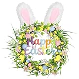 22 Inch Easter Egg Wreath for Front Door Bunny Ear & Happy Easter Sign Decor Wreath for Porch Window Indoor Outdoor Easter Holiday Wreath