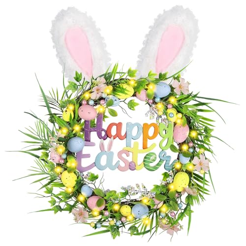 22 Inch Easter Egg Wreath for Front Door Bunny Ear & Happy Easter Sign Decor Wreath for Porch Window Indoor Outdoor Easter Holiday Wreath