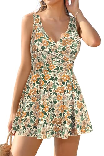 Image of SHEKINI One Piece V Neck Skirt for Women Modest Tummy Control Swimdress Bathing Suits Swimsuit