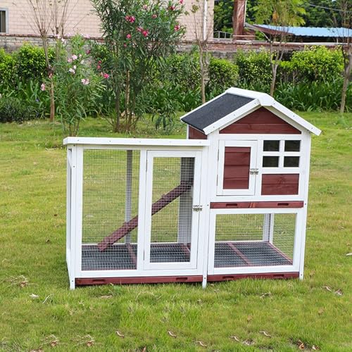 鶏小屋 家禽ケージ 飼育ケージ チキンコープ 屋外二層木製チキン小屋 木製小動物 アパートメント木製鶏小屋 フラット換気ドアと取り外し可能なトレイ付きの小動物ペットハウス家禽用飼育(C)