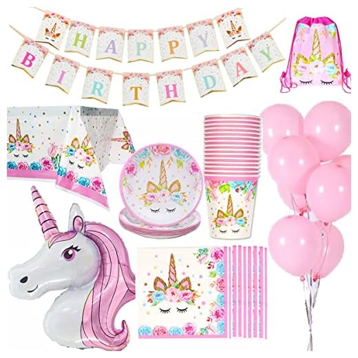 Jolily Décorations Anniversaire Licorne Pack Fournitures Vaisselle 16 invités 1 Nappe Housse 16 Tasses 16 Assiettes 16 Serviettes 1 bannière Happy Birthday 1 Licorne géante 10 Ballons Roses