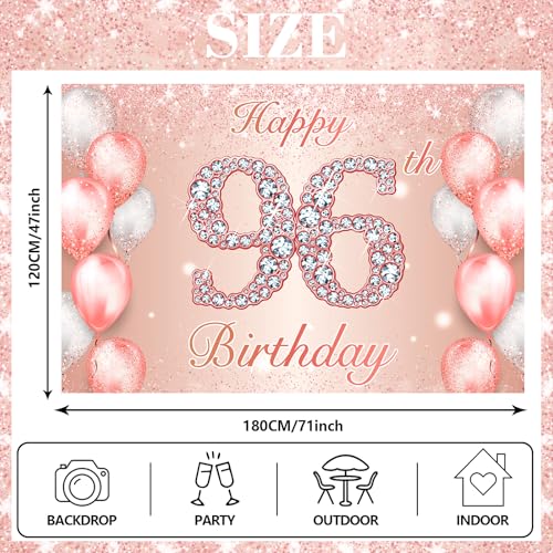 Image of Happy 96th Birthday Rose Gold Banner Cheers to 96 Years Old Backdrop Confetti Balloons Theme Decor for Women 96 Years Old Pink Birthday Party Decorations Bday Supplies Background Favors Gift Glitter