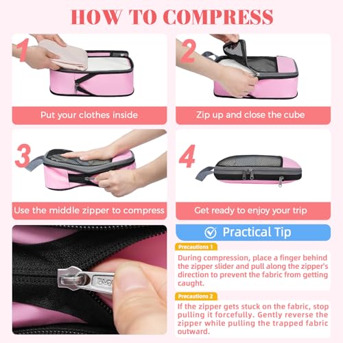 Image of BAGAIL 4 Set /6 Set /8 Set Compression Packing Cubes Travel Accessories Expandable Packing Organizers (Half Mesh, 6-Pink)
