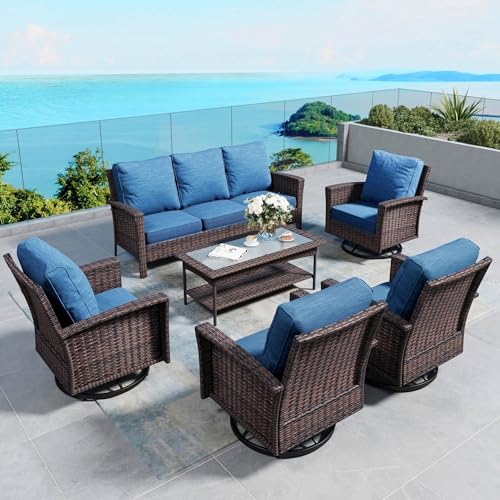 SUNSHINE VALLEY 6 Pieces Patio Furniture Set with Swivel Chairs, High Back Wicker Rattan Sofa with Extra Thick Cushion and Coffee Table, Outdoor Conversation Set for Garden Backyard Deck, Blue