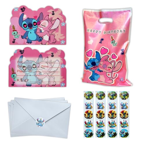 Rovercci 20 Stitch Pink Birthday invitation cards & 20 white envelopes with 20 sticker and 20 Stitch pink Goodie Bags Party Favor Bags with Handles for Kids Birthday