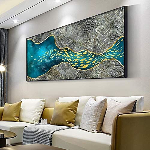 Toile poisson d'or et lune 70x140 cm tableau abstrait moderne sans cadre