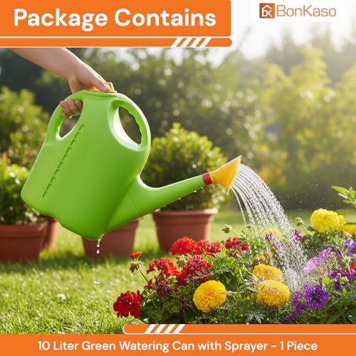 Image of BonKaso 10L Plastic Watering Can for Plants | Durable Garden Water Can with Sprinkler Cap | Easy Grip Handle & Gentle Spray | Ideal for Indoor, Outdoor, Terrace & Kitchen Gardening Water Spray (Green)