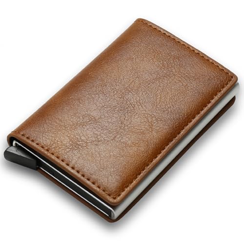 EDGE Men’s Ultra Metal RFID Blocking Real Carbon Fiber Pop up Card Wallet Minimalist Aluminium Credit Debit Card Money Holder Brown