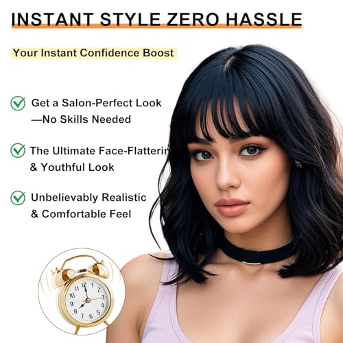 Sarensall Short Black Bob Wig With Bangs for Women Synthetic Wig for Daily — view 5