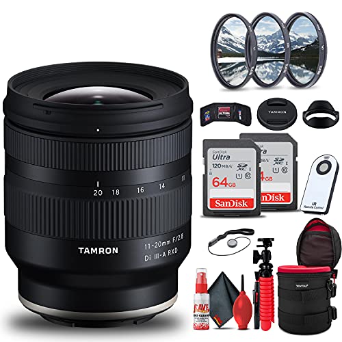 Tamron 11-20mm f/2.8 Di III-A RXD Lens for Sony E (AFB060S-700) Intl Model Bundle with 2X 64GB SD Card + Lens Case + Wireless Remote + Flexible Tripod + 3-Piece Filter Kit + Lens Cleaning Kit
