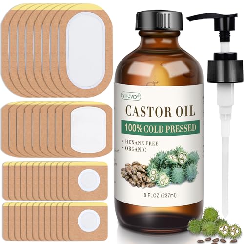99Pcs Castor Oil Patches, Organic Cold Pressed Glass Bottle 8oz, Organic Cotton Patches Belly Button, Castor Oil Pack Wrap For Belly Button, Stomach, Self-Adhesive For Convenient Use