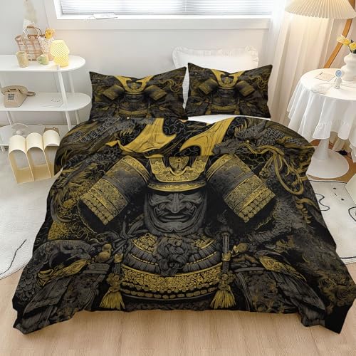 Funda Nordica para Cama 105 - Japonés Tradicional Samurái Juego de Ropa de Cama de 3 Piezas 200 x 200 cm, Negro Y Amarillo Reversible Suave Microfibra Ropa Cama para Niño Adolescente