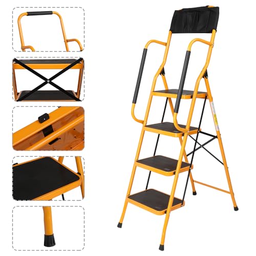Image of 4 Step Ladder with Handrails Folding Step Stool with Attachable Tool Bag & Anti-Slip Wide Pedal, Ladders for Home Kitchen Pantry Office, 330 lb Sturdy Steel Ladder for Adults Portable, Yellow