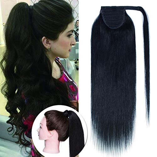 100% Remy Human Hair Wrap Around Ponytail Hair Extension Straight One Piece Wrap Pony Tail Hairpiece for Woman #1B Natual Black 20 inches 95g
