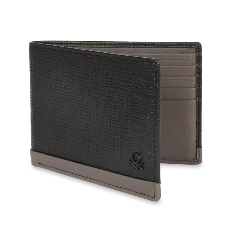 Image of UNITED COLORS OF BENETTON Men RFID Protected Barbon Slimfold Wallet - Black, No. of Card Slot: 8 | Saffiano Textured Slimfold Wallet with Side Closure | Leather