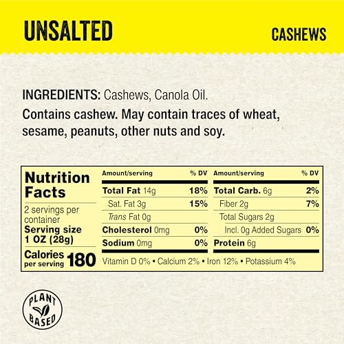 Image of IChoose Unsalted Cashews Individual Snack Packs (5 Count) - No Salt Added Whole Roasted Cashews, Cashews Individual Packs, Plant-Based Protein, Heart-Healthy Gluten-Free Nuts, 2 oz Each