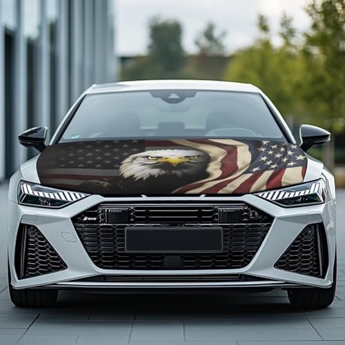 Image of Eagle Car Hood Cover American USA Flag Car Hood Cover Protector Elastic Fabrics Can be Washed Stretch Polyester Fabric Cover Personalized Suitable for Cars