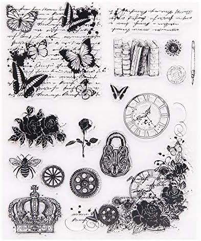 Arrietty Vintage Retro Style Butterfly English Flowers Background Button Bee Books Crown Clear Stamps for Card Making Decoration and DIY Scrapbooking Tools Rubber Stamps-A1746
