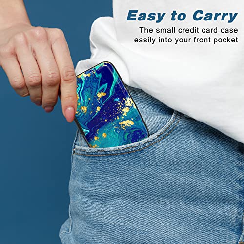 Image of Credit Card Holder, Mini Aluminum Card Wallet RFID Blocking Slim Metal Hard Card Case for Women Men, Blue Green Marbling