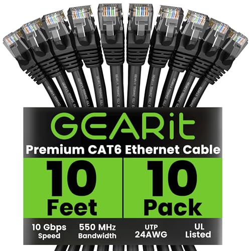 GEARit Cat 6 Ethernet Cable Pack – 10-Pack 10 ft Cat6 Ethernet Patch Cables | RJ45 Network Patch Cable, 10 Gbps Snagless Gold-Plated Connectors – Ethernet Cable Cat 6 for PC, TV, Router – Black