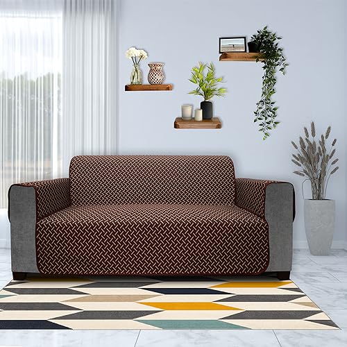 Image of DREAM KING 3 Layers 300 GSM Waterproof Reversible Sofa Cover 4 Seater with Pockets | Dust Protective Soft Fabric Sofa Seat Cover Coffee & Beige