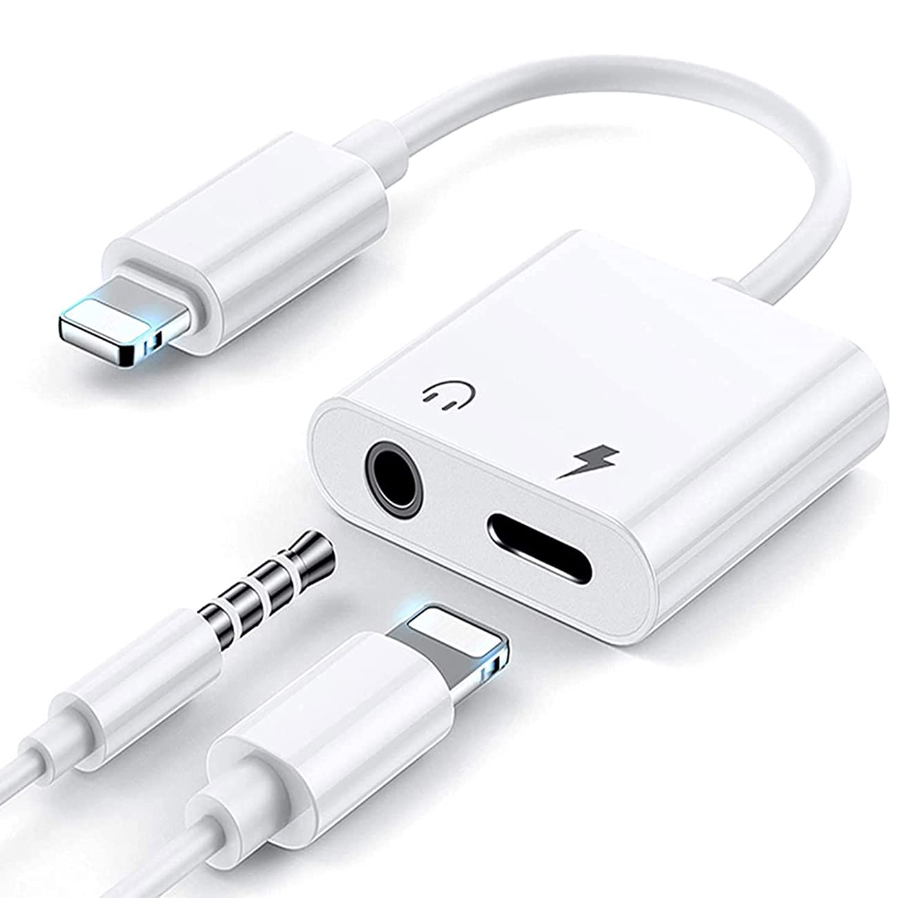 Headphone (2 in1) Adapter for iPhone to 3.5mm Jack AUX Audio Adapter Cable for iPhone 12/11 pro/X/XS/SE/8/8 Plus7/7 Plus/Music Dongle Earphone Cable Earbud Splitter Adapter Support All iOS - White