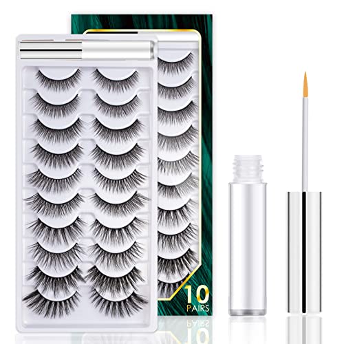 Lanciley Pestañas Postizas con Pegamento 10 Pares de Pestañas de Ojos 3D Pestañas Natural Suaves Reutilizables Falsa Largas para Trabajar Citas Fiesta Strip Lashes Cover