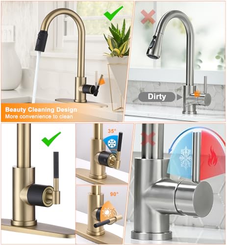 Image of Black and Gold Kitchen Faucet,Stainless Steel Faucet for Kitchen Sink with Pull Down Sprayer, Single Handle High Arc Gooseneck Sink Faucet for Bar RV, Fit for 1 /3 Hole Brushed Finish