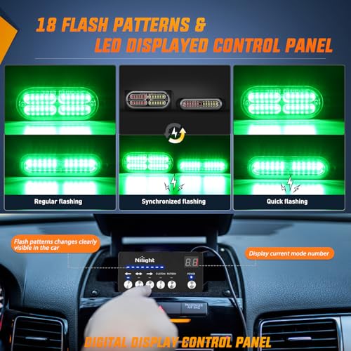Image of Nilight 8PCS Led Strobe Lights with Controller 12V 24V Sync Feature Green | Emergency Hazard Warning Light 12 24 LED Surface Mount for Vehicle Car Truck RV ATV