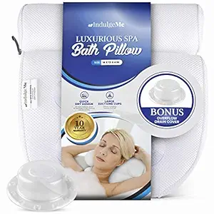 IndulgeMe Luxury Bath Pillow, Bathtub Spa Pillow with Extra Large Suction Cups, Helps Support Head, Back, Shoulder and Neck, Fits All Bathtub, Hot Tub, Jacuzzi Spas, with a Bonus Drain Cover.