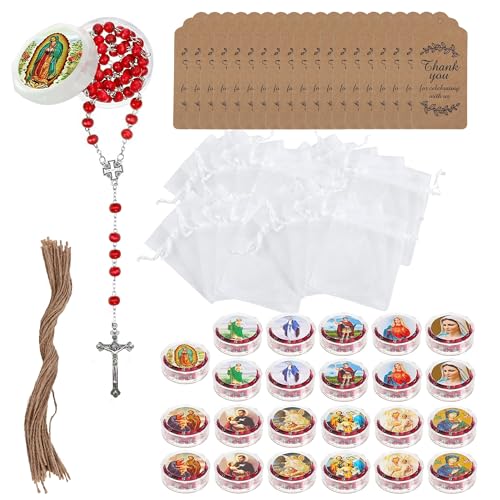 24 Pcs Rose Catholic Rosaries Necklaces,Wooden Beads Rosary Necklace Religious Rosary Jesus Cross Catholic Gifts,Holy Rosaries in Bulk with Organza Bags Gift Gift Boxes for Prayer Men Women