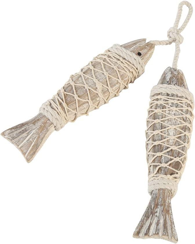 LaFan 2 Pack Antique Hand Carved Wood Fish Sculpture Decor Ornament with Fishing Net, Beach Theme Wall Art Hanging Wooden Nautical Decorations for Home, Lake House, Bathroom Bedroom Decorated Set of
